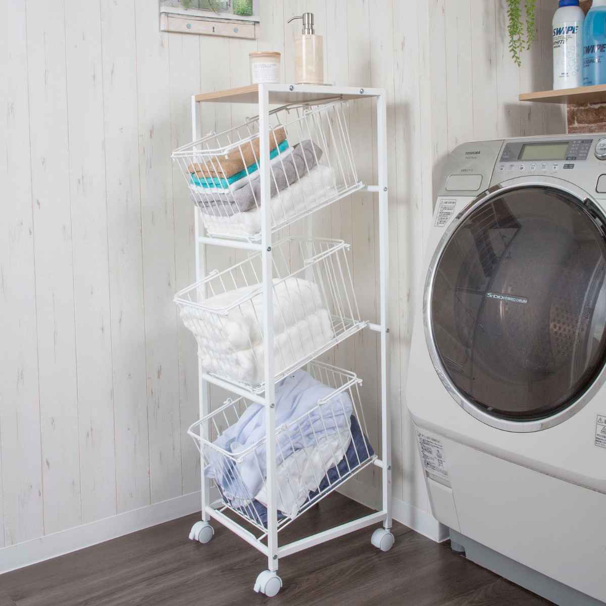 ランドリーラック 3段 キャスター付き ラック ランドリー バスケット 洗濯かご 洗濯物 脱衣かご 分別 洗濯物入れ 収納 棚 キャスター付 ホワイト シンプル