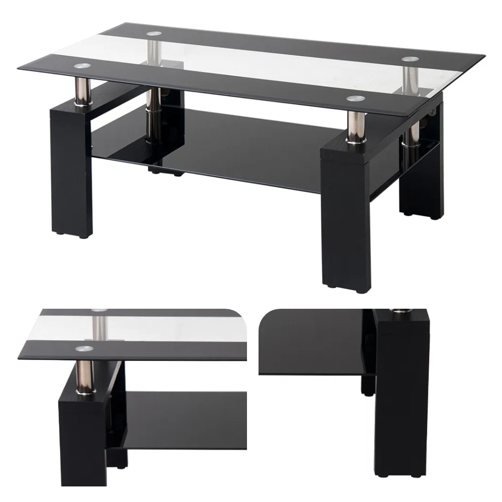 E35ガラステーブル コーヒーテーブル 幅88cm 強化ガラス天板 収納付き 二段収納 おしゃれ リビング用テーブル 棚付き 一人暮らしに最適 大容量収納 センターテーブル 木製脚