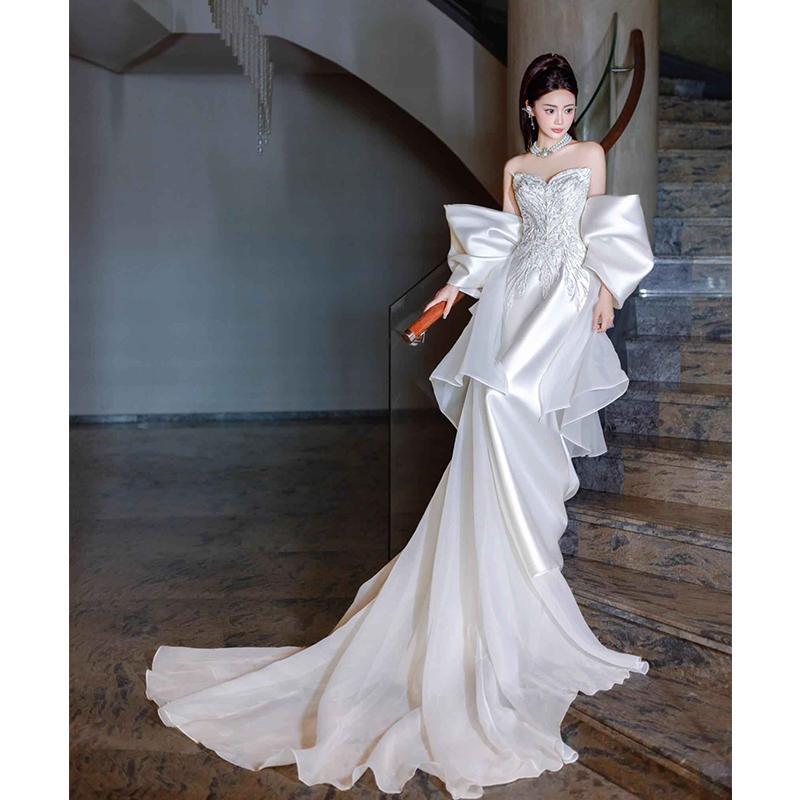 気質マーメイドシルエット白ウェディングドレス 高級感 トレーン付き エレガント お呼ばれパーティードレス ワンピース 結婚式 花嫁 披露宴 成人式 演奏会二次会 7,332円