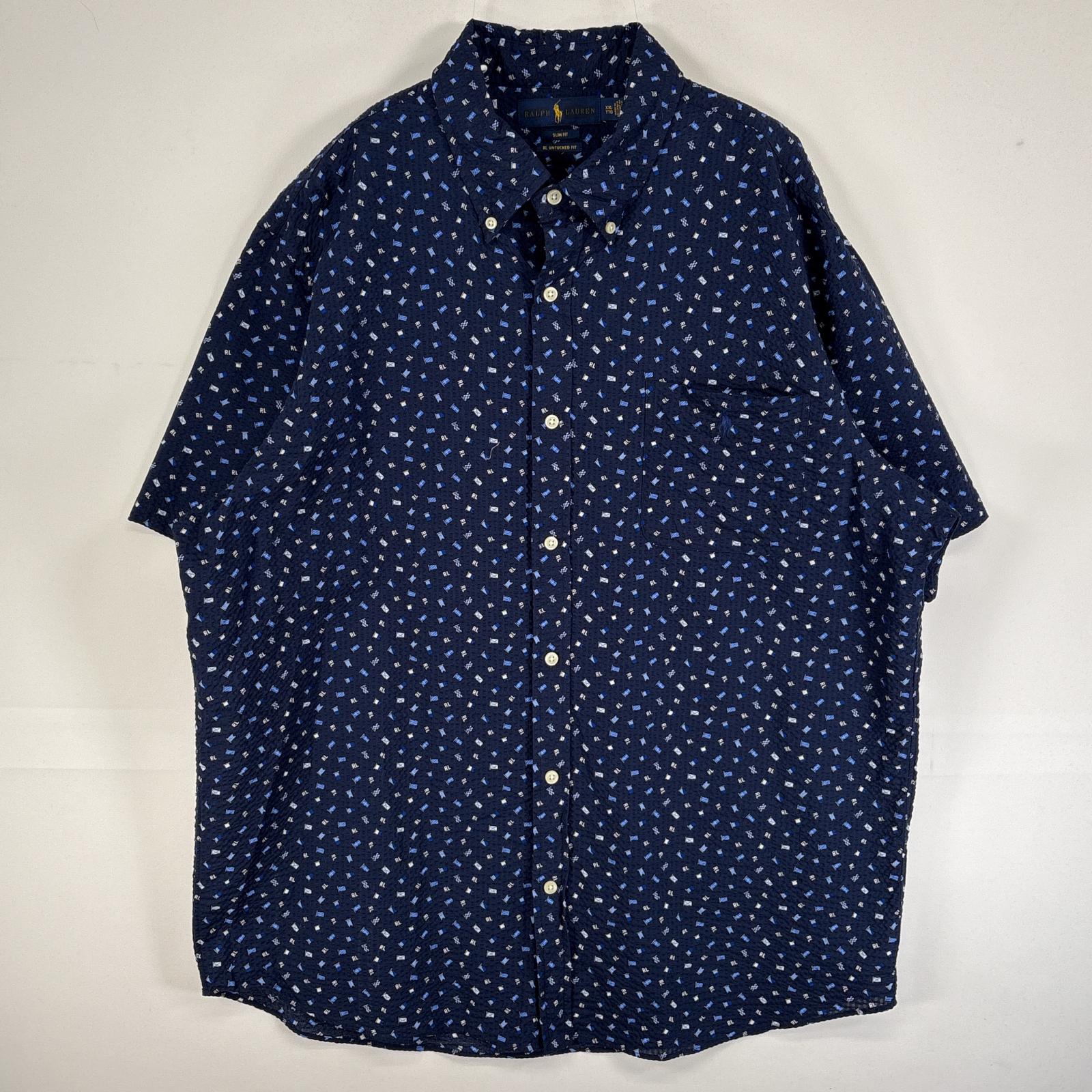 古着 シアサッカー 半袖シャツ ロゴ 刺繍 RL UNTUCKED FIT 大きいサイズ XXL ネイビー 総柄 メンズ