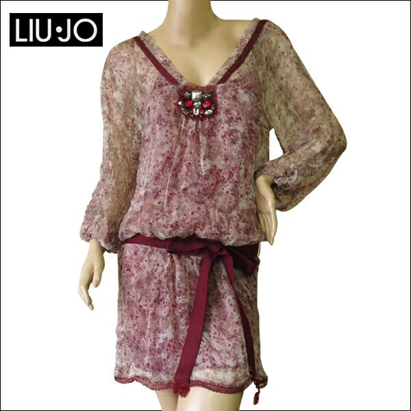 LIUJO　リュージョー ビジュー付き シルクジョーゼット シワ加工 小花柄 ワンピース　ペチコート付き
