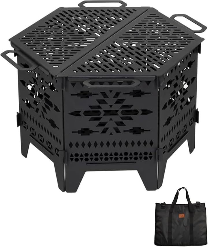 ブルーニー 大型x折りたたみ式 焚き火台 五徳 おしゃれ 黒鉄 インディアン柄 大人数 コンパクトに収納可能(ブラック, 多人数向け(48cm))