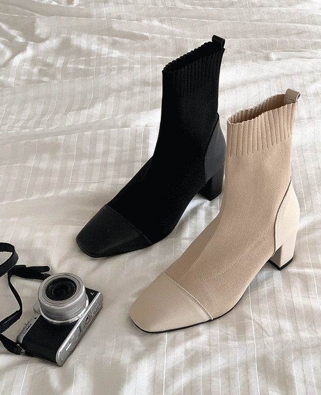 [MILOVANY] 牛革/255まで リッツ ニット ソックス アンクルブーツ ヒール 6cm