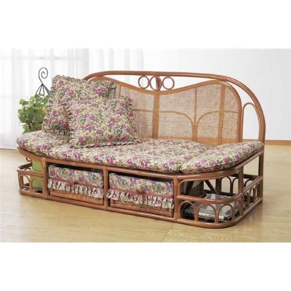 天然籐ハイバックカウチソファー [140cm幅] 木製 クッション/引き出し収納各2個付き