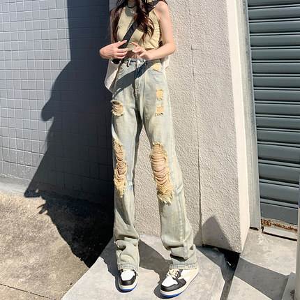 ボトムス デニム パンツ ダメージ 穴あき スリット ジーンズ レディース ハイウエスト ストレート 大きめ シンプル カジュアル ラフ こなれ感 オシャレ 色落ち 美脚 脚長 着回し クール かっこ 5,358円