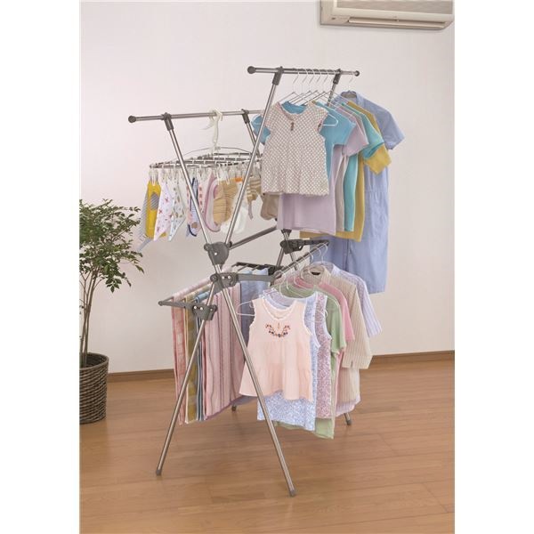 ステンレス室内用物干しスタンド/洗濯物干し [2段式] 折りたたみ可 大容量 ワイドサイズ