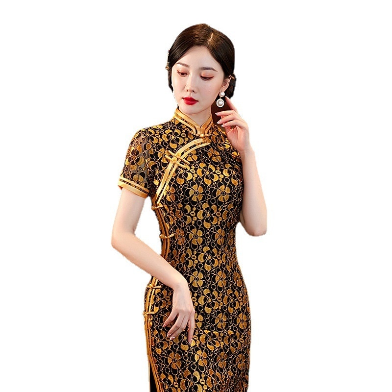 レディースイエローセクシーチャイナドレスレース透かし彫半袖スタンドカラーイブニングドレス 6,884円