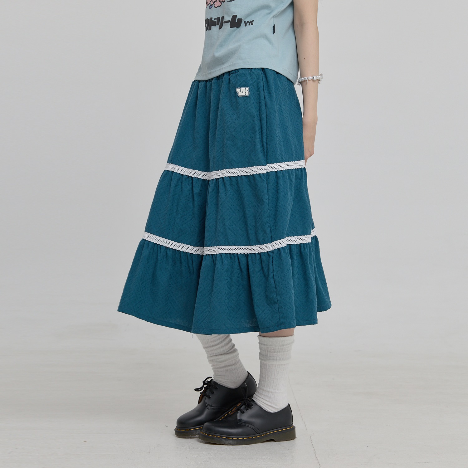 Lace Flare Midi Skirt BLUE GREEN
