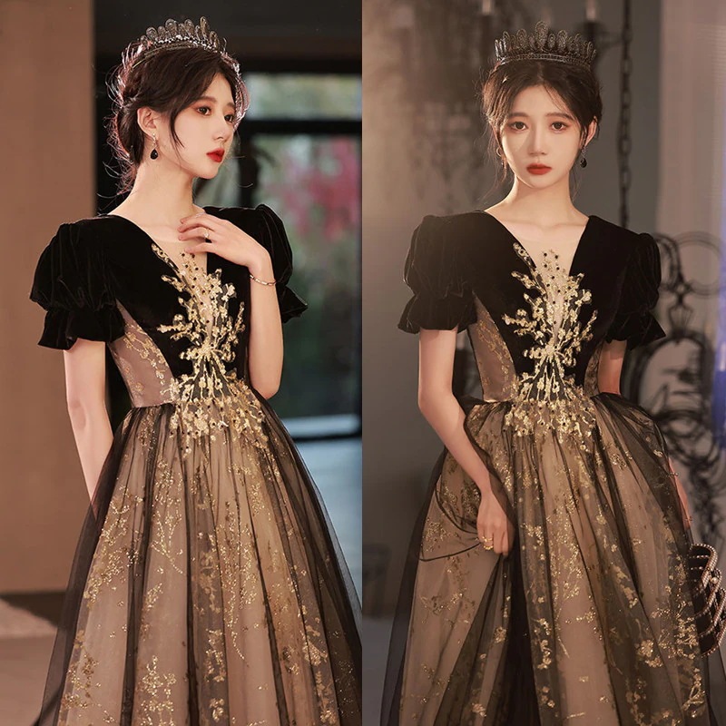 ドレス 韓国 お姫様 パーティードレス ロングワンピース ブラック ゴールド ウェディングドレス 同窓会 ドレス 卒業祝い 成人式 成人祝い 就職祝い 昇進祝い 記念日 結婚記念日 結婚祝い30%まで