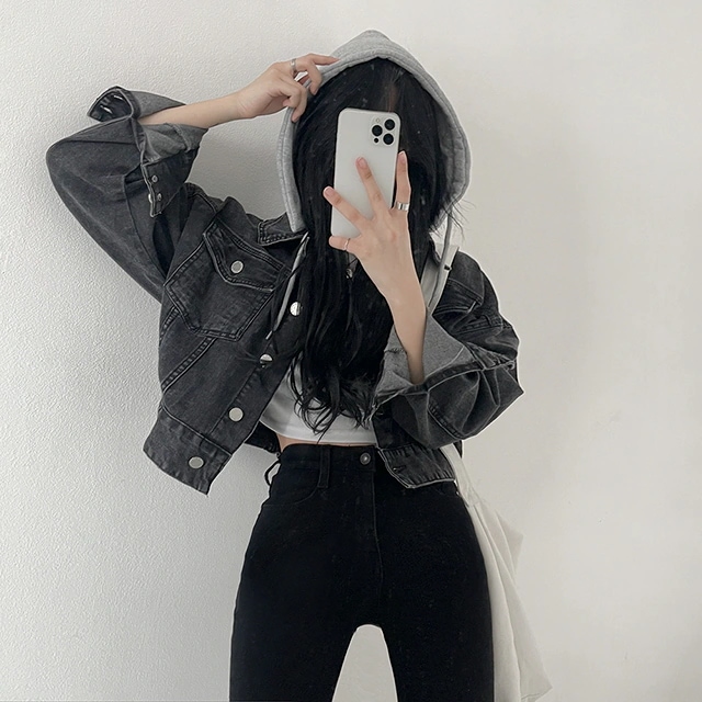 韓国の女性ファッション / ルーズクロップドフードデニムジャケット jk1020