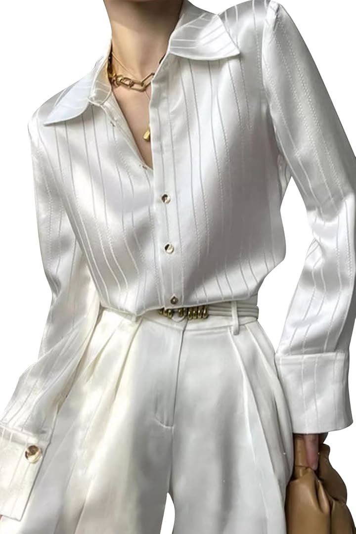 シャツ レディース ストライプシャツ 長袖 白 黒 オフィス エレガント 高級(ホワイト, M)