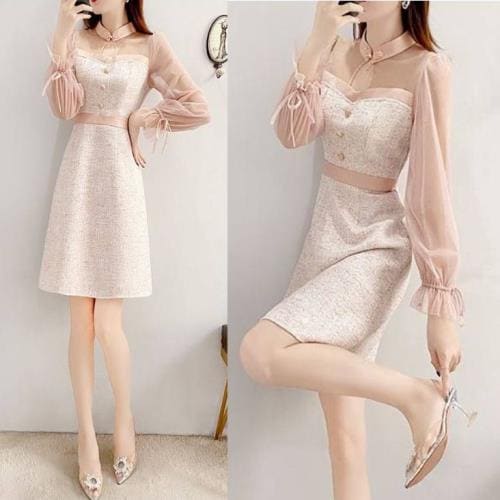 【急速出荷 2025年新作】ツイード ワンピース 韓国 ガーリー フェミニン シアー シースルー 可愛い デート ミニ ショート丈 長袖 オケージョン レディース コンビワンピース チェック柄 マオカ