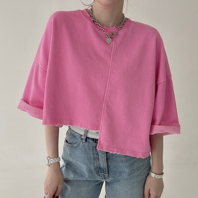 トップス カットソー Tシャツ 5分袖 ラウンドネック アシンメトリー プルオーバー ショート丈 かわいい 大人可愛い きれいめ シンプル 上品 おしゃれ かっこいい カジュアル レトロ こなれ感