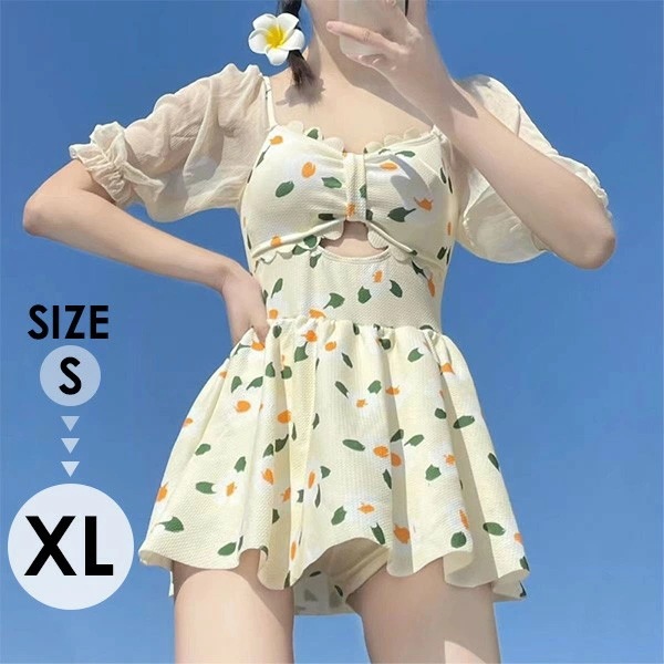 ワンピース水着 レディース 学生 女の子 パフスリーブ袖 胸パット付き パンツ付き 着瘦せ 写真映え 撮影用 海 夏 シンプル セクシー 可愛い 体型カバー 温泉 韓国風 df009m5m5m4