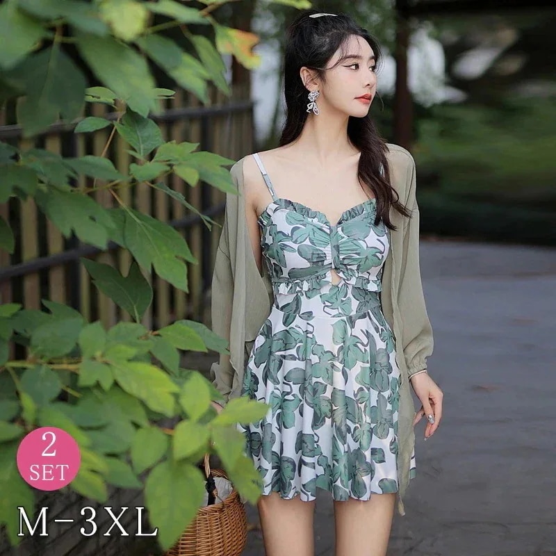 レディース水着 2点セット ワンピース ブラウス オトナ女子 体型カバー 羽織 カーディガン グリーン リーフ柄 ストラップ 代 30代 40代 パッド付き ママ水着 露出控えめ 太もも お腹カバ