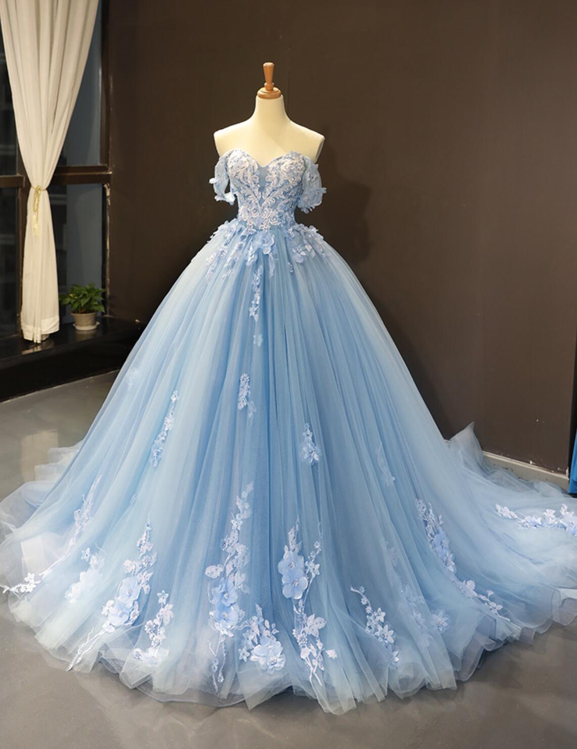 カラー ドレス ロング丈 マキシ丈 カラー ウエディングドレス ブルー フリル ドレス 立体 花柄 造花 フラワー 後ろが長い 結婚式 披露宴 二次会 パーティー ドレス Aライン ボリューム お姫様