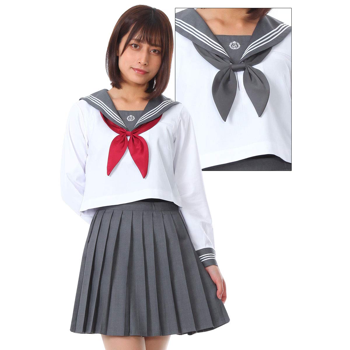 【 リボン2個付き 】monoii セーラー服 コスプレ 女子高生 制服 コスチューム 白 紺 赤 JK 学生服 仮装 衣装 (XLサイズ, 長袖(グレー)×ミニスカート(グレー)