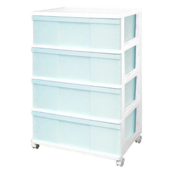 収納ケース プラスチック 引き出し ワイド ４段 幅６０ おしゃれ ホワイト／パームグリーン