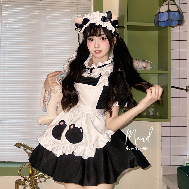 解説ベアメイド服可愛いロリータ制服白黒半袖ワンピース