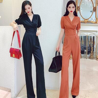 オールインワン レディース サロペット パンツ 秋冬 おしゃれ ジャンプスーツ パンツドレス Vネック 半袖 ハイウエスト ワイドパンツ ロング丈 パーティ オフィス オレンジ ブラック 20代 30