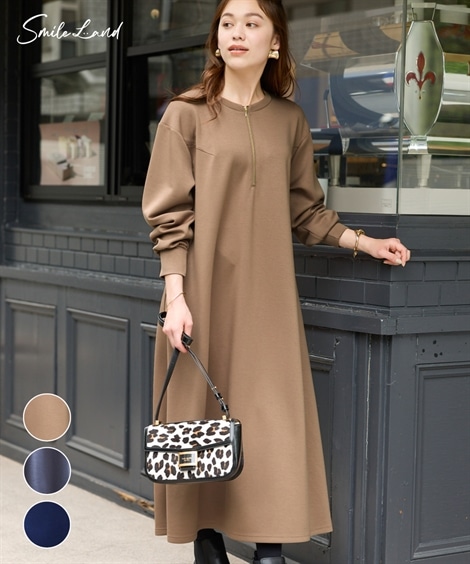 ロング・マキシ丈/半袖 大きいサイズ ダンボールニットハーフジップワンピース 5,254円