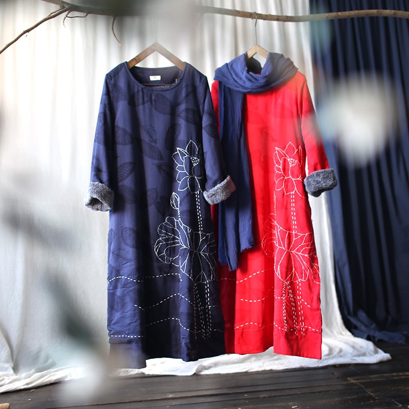 手作り刺繍秋冬加毛文芸復古ワンピースローブ紅女綿ハスの花禅意禅服p015