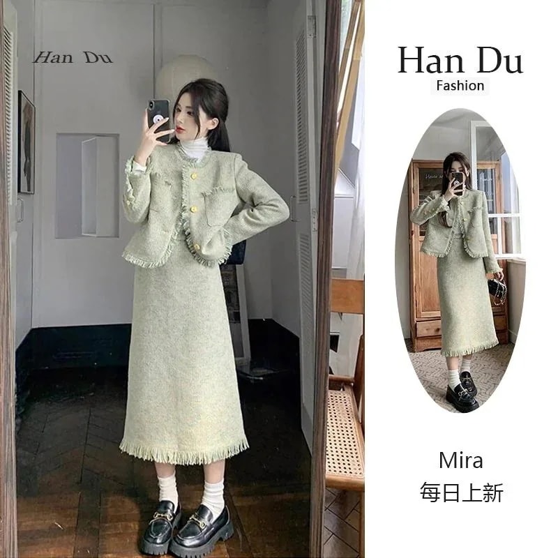 冬アウター 涼しく楽ちんセットアップhanduレディースフレンチグリーンショートコート小さな香り軽い高級感と高級スカート秋冬ツーピーススーツ韓国ファッションおしゃれ 5,082円