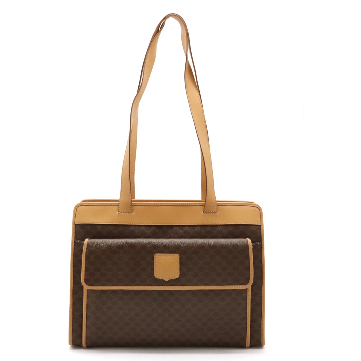 マカダム柄 トートバッグ ショルダーバッグ セミショルダー PVC レザー ダークブラウン 茶 ナチュラル ゴールド金具