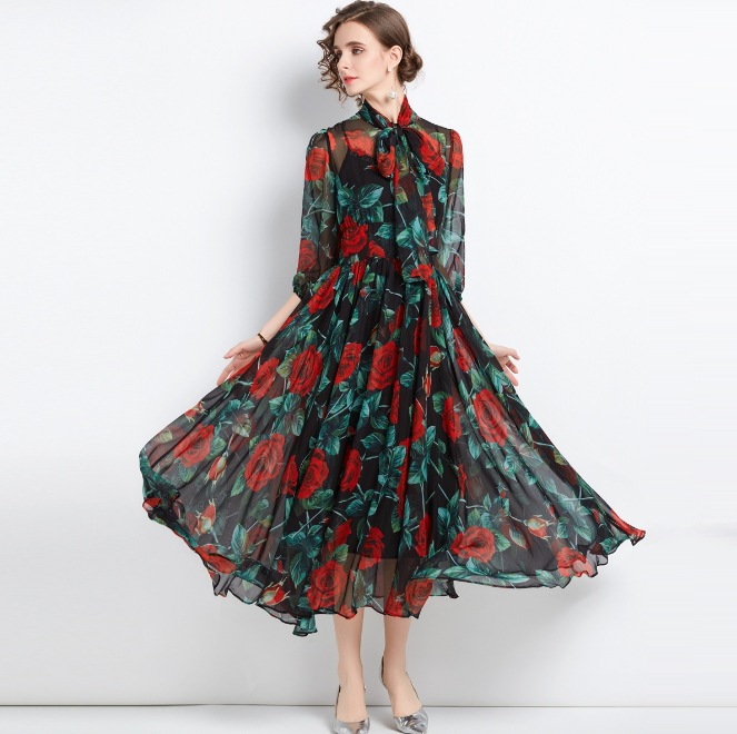 シフォンワンピース 花柄 ローズ ロングワンピース ぽわん袖 スカーフ シースルー 韓国 レディース オルチャン ハイウエスト エレガント きれいめ こなれ感 ロング丈 花柄ワンピース