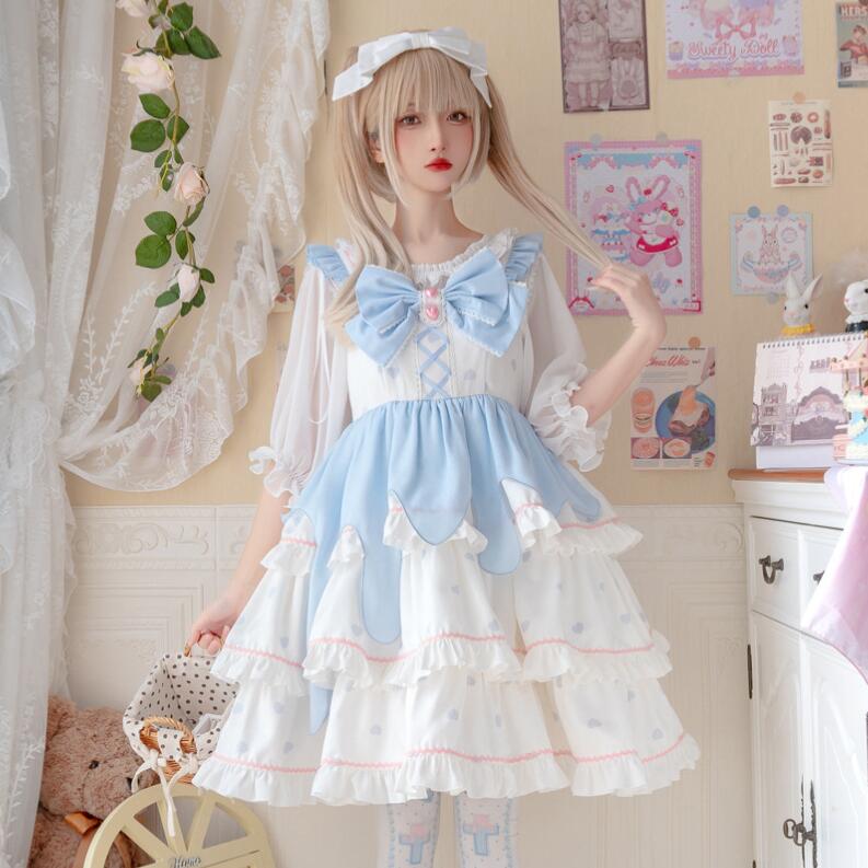 可愛いロリータ服 ロリータワンピース ジャンパースカート 甘ロリータ プリンセスドレス 可愛いワンピース ハート柄 フリル パーティードレス フレアワンピース 大人コスチューム ゴスロリ