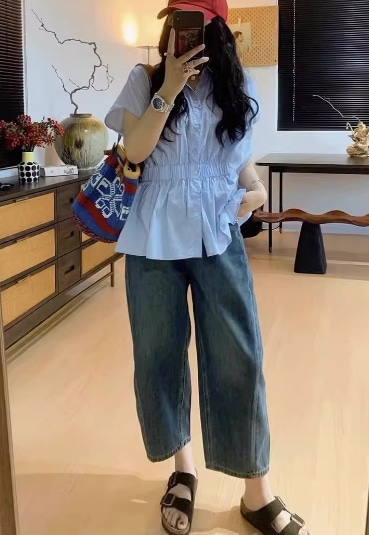 ジーンズ 女性用 プラスサイズ 洋ナシ型 多用途 ワイドレッグパンツ ソリッドカラー クロップドパンツ 5,005円