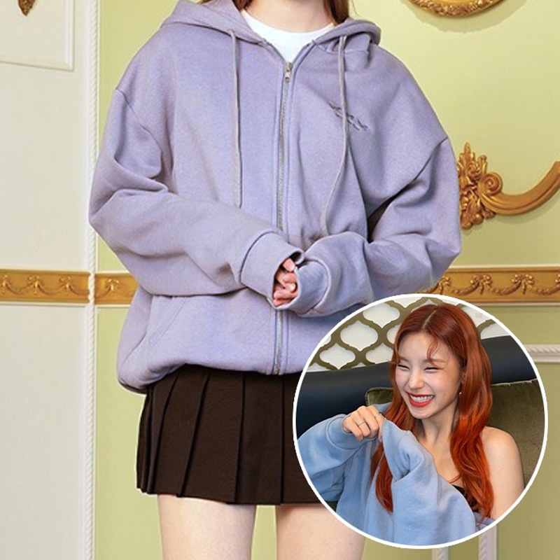 ITZY イェジ着用 / トリプル 蝶 刺繍 起毛 フード ジップアップ(ブルーグレー)韓国ファッション 韓国人気ブランド レディース トップス