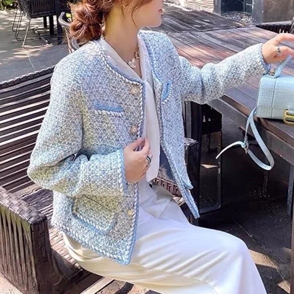 ジャケット レディース ノーカラージャケット チェック 格子柄 カラフル 編み込み ツイード