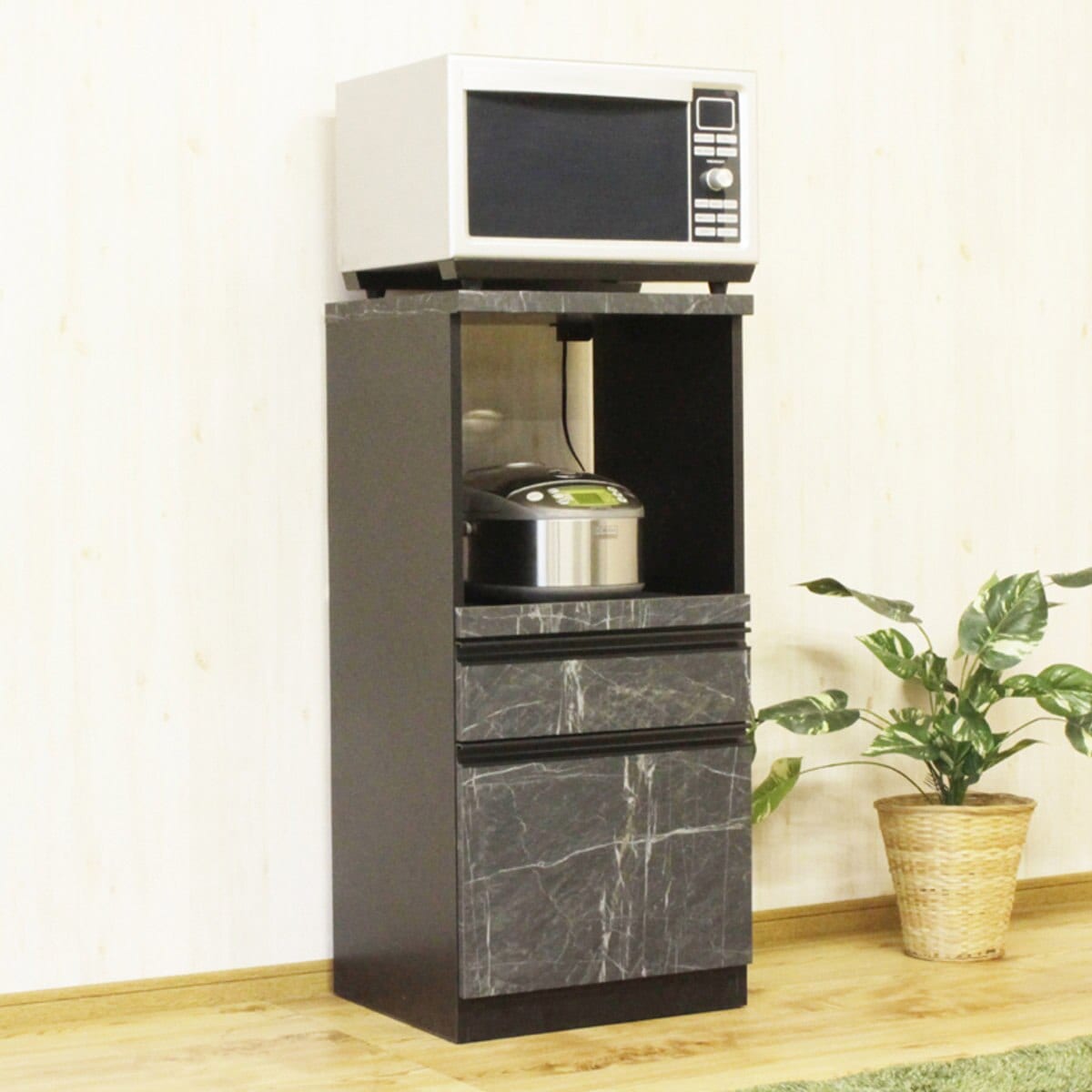 レンジ台 スライドカウンター 引出し付 コンパクト 石目調 幅48cm