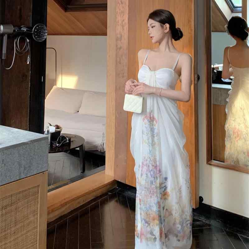 レディース シフォン ノースリーブ ドレス ワンピース シンプル 花柄 ロング スカート おしゃれ 華やか 軽量