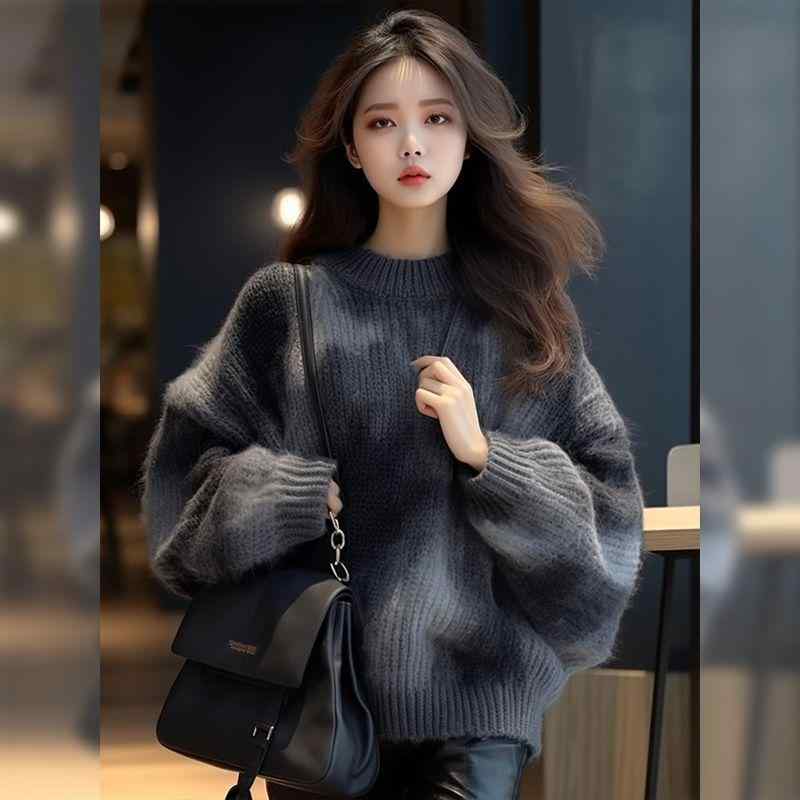 レディース トップス セーター パーカー オシャレ 韓国 スタイル カワイイ カジュアル カーディガン 長袖 ニット 秋 冬 春 インナー デザイン ルーズ グレー 絞り染め アメリカン レトロ ラウ