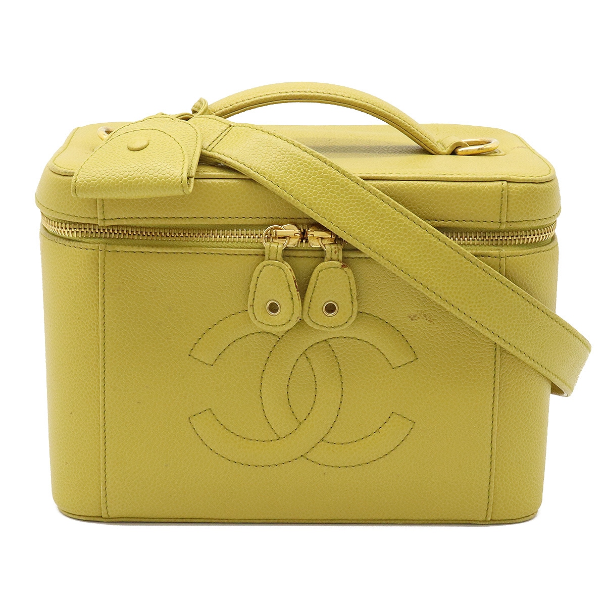 ココマーク バニティバッグ ハンドバッグ 化粧ポーチ コスメポーチ 2WAY ショルダーバッグ キャビアスキン レザー ダスティイエロー
