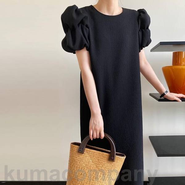 パフスリーブ ワンピース ドレス 袖あり エレガント レディース きれいめ カジュアル おしゃれ 半袖 大人 可愛い フェミニン ロング丈 ゆったり 体型カバー シンプル お呼ばれ 二次会 グリーン