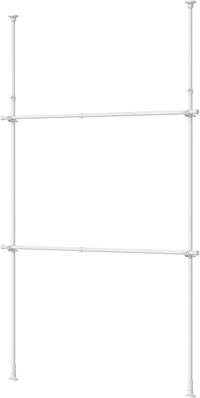 伸縮式洋服ラック二層ワイドタイプ壁掛け収納ラック拡張可能マットホワイト幅99-162cm高さ200-275cm