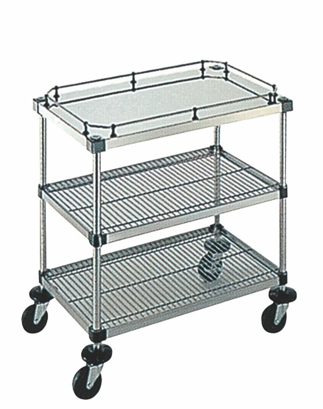 本間冬治工業 弁慶シェルフワゴン 3段 上段ボード棚ガード付/中下段メッシュ棚 460x900xH827mm 4-3-GB-2M-9