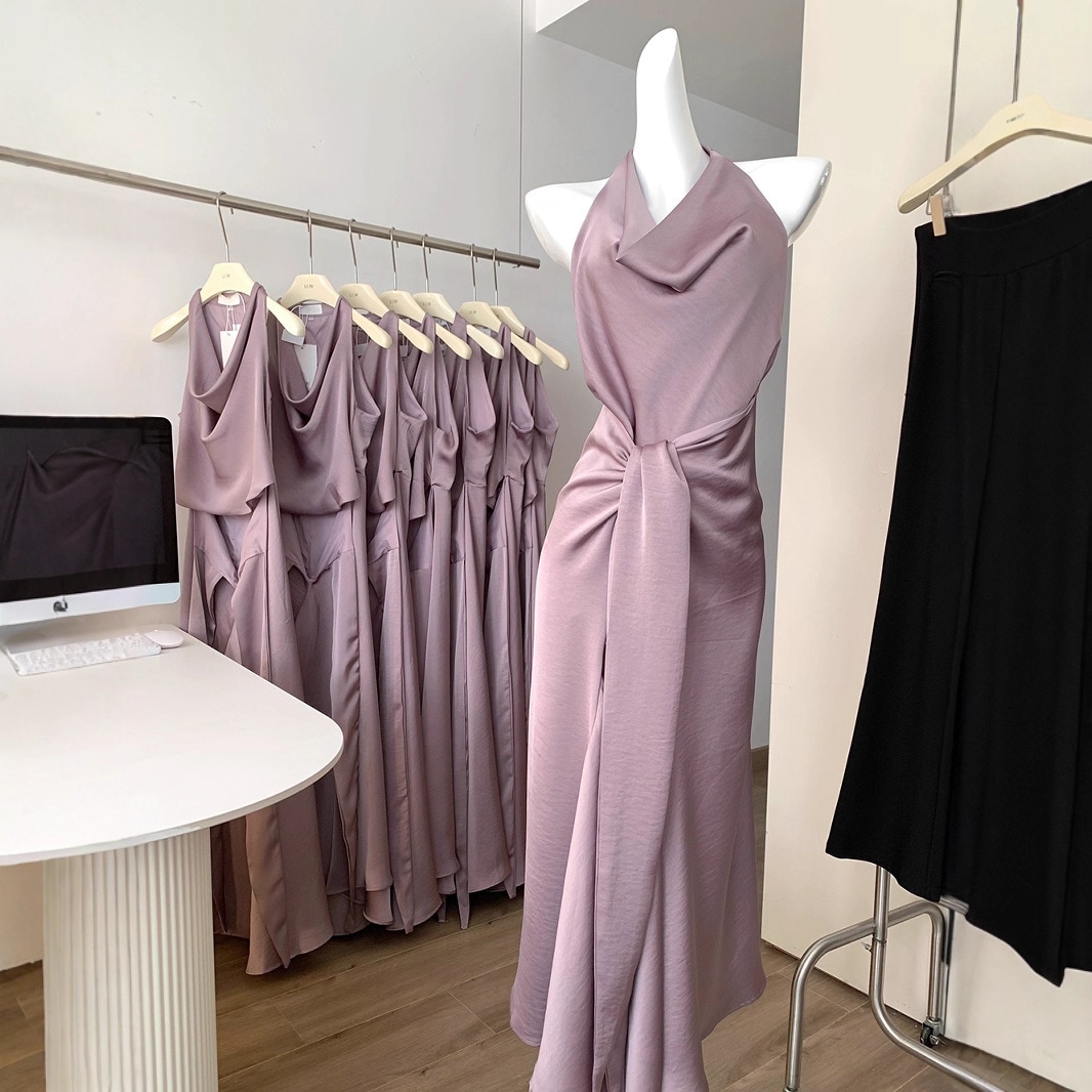 【急速出荷】美神降臨紫サテンスカートデザイン感貴気高級斜裁ドレスワンピース