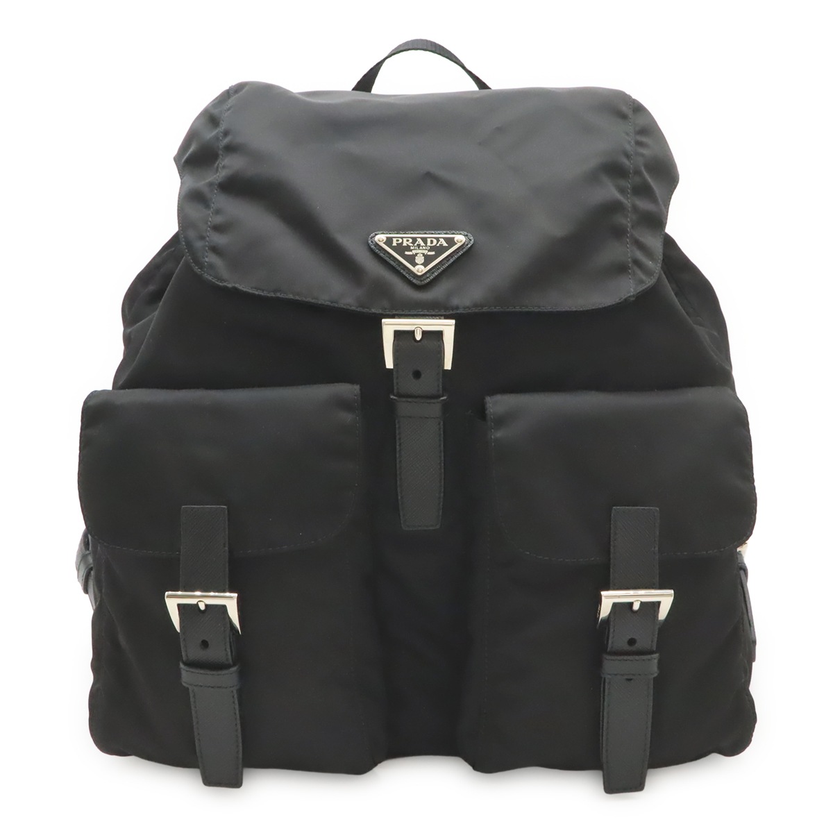 トライアングルロゴ バックパック リュックサック デイパック ナイロン レザー NERO 黒 ブラック シルバー金具 1BZ81