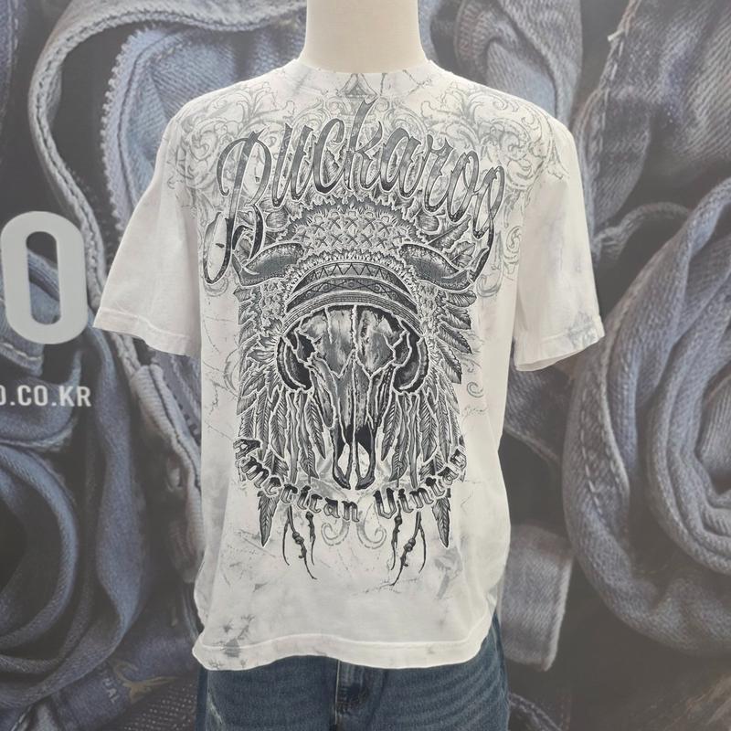 [PREMIUM] 男性 20 番手 シングル ヴィンテージ スカルアップリケ 半袖Tシャツ_CJ