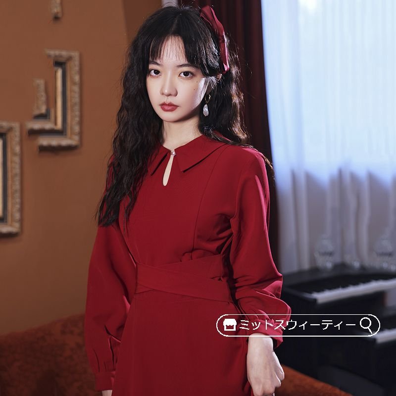 パーティードレス ミモレ丈ワンピース 長袖 赤 レッド 披露宴 発表会 フォマールドレス 秋冬 イベ