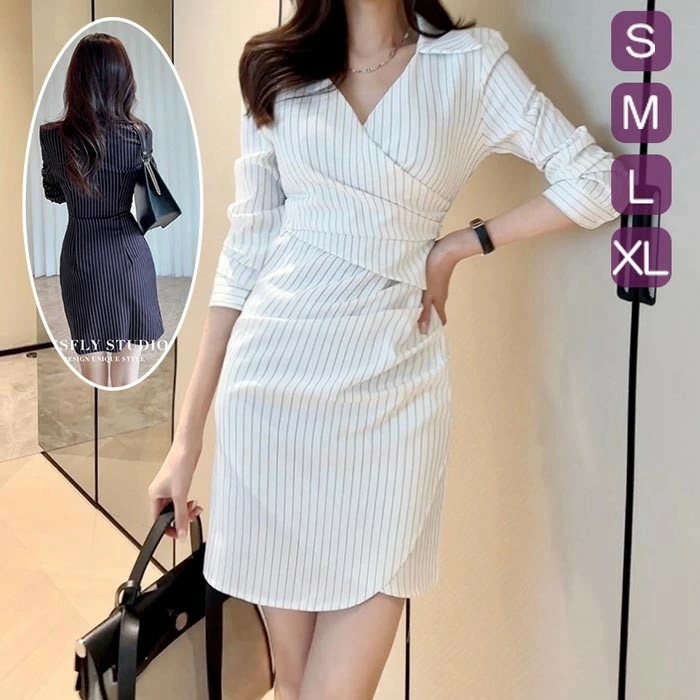 ワンピーススーツ 春秋 フォーマル オフホワイト ネイビー タイトスカート Vネック 長袖 シャツワンピース ストライプ ひざ丈 ショート 薄め ミニワンピ dn061m3m3m3