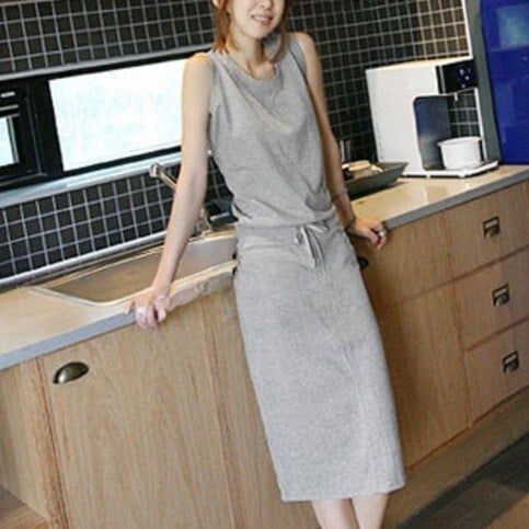 レディース スカート トップス ワンピース カットソー ミディアム 袖なし ノースリーブ ラウンドネック タイト スリム 細身 ストレート 切り替え 着痩せ効果 リボン ウエストマーク スリット