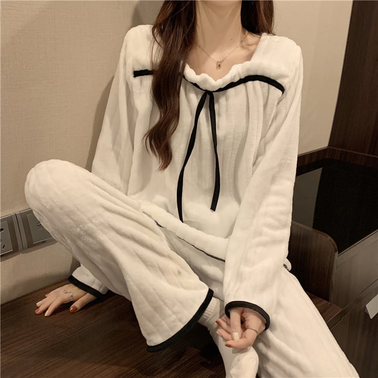 レディース フリースリブパジャマ上下 ルームウェア ナイトウェア 2点セット ツーピース