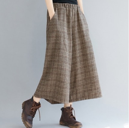 チェック柄ワイドパンツ 9分丈 ボトム パンツ ウエストゴム ワイド ブラウン きれいめ シンプル カジュアル 上品 おしゃれ かっこいい レトロ アジアン 可愛い こなれ感 マニッシュ