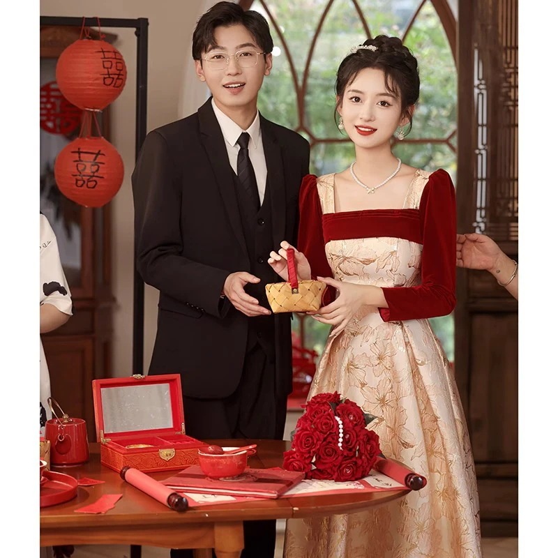 ワンピースドレスドレス長袖のドレス花嫁2025は女性のための婚約返品衣服の宴会のドレスを着ることができます