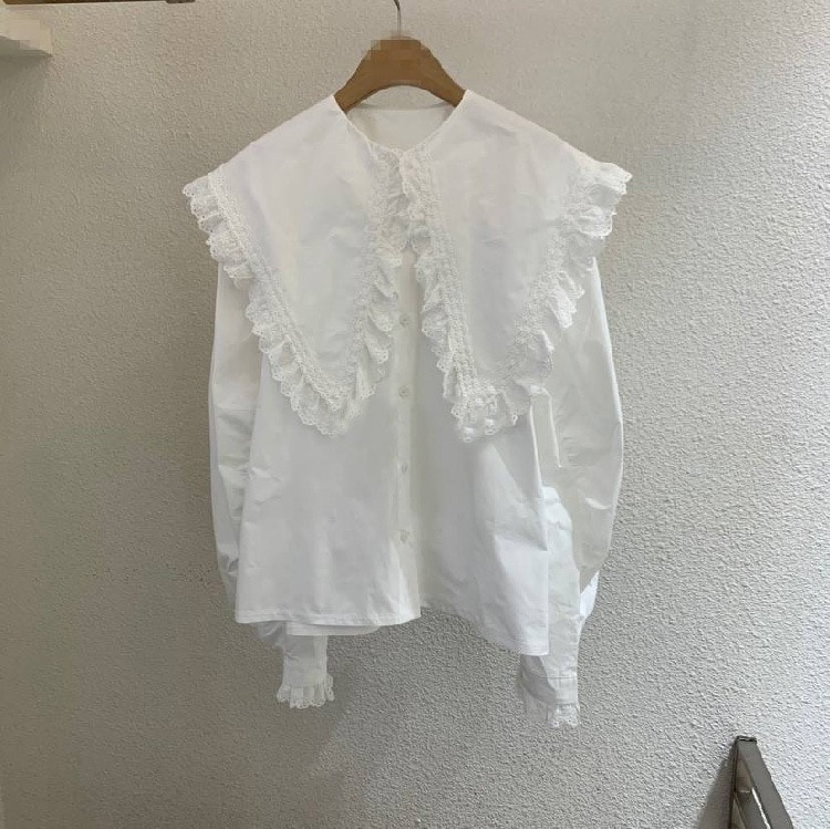 トップス シャツ ブラウス パフスリーブ レギュラー丈 無地 レース 長袖 通勤 ホワイト 白 ブラック 黒 春 ストレート S M L XL ミディアム丈 袖あり ボリューム袖 襟付き フリル